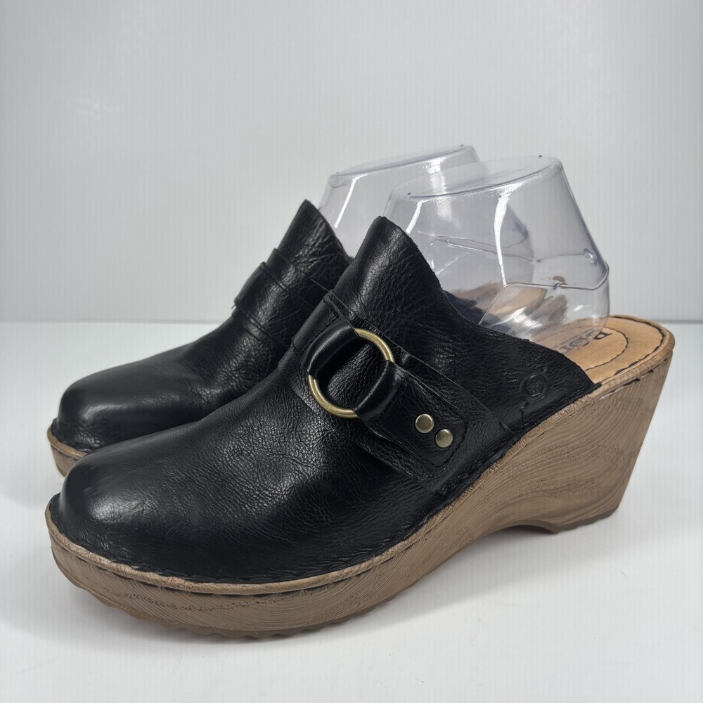 Børn Nola Women's US 10M Black Leather Mule Clogs Wedge Platform‎ Comfort Casual